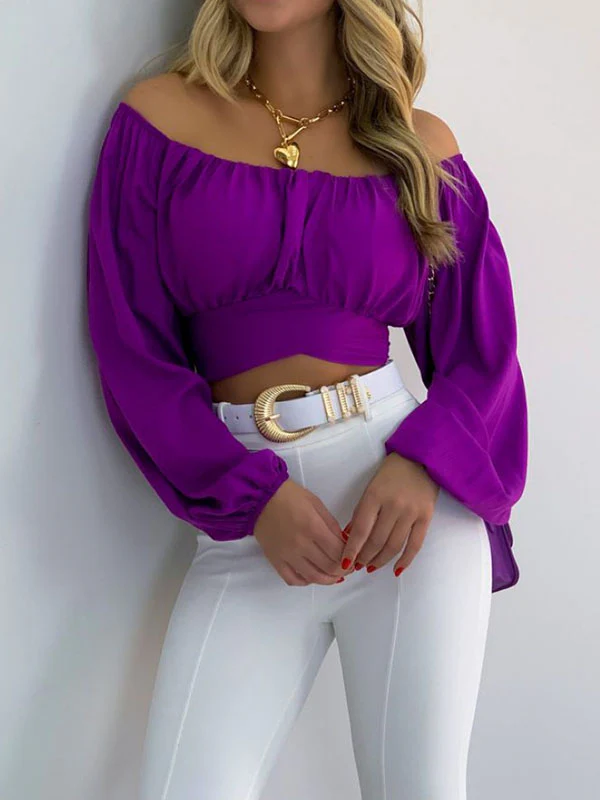 Long Sleeves Loose Elasticity Pleated Solid Color Off-The-Shoulder Blouses - Image 10