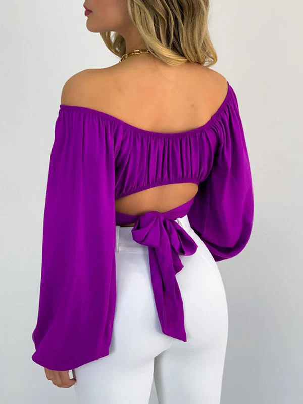 Long Sleeves Loose Elasticity Pleated Solid Color Off-The-Shoulder Blouses - Image 11