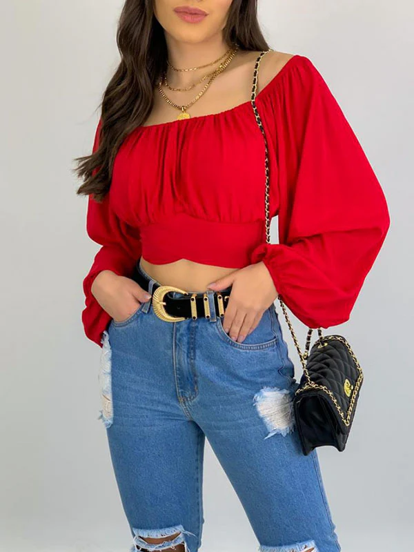 Long Sleeves Loose Elasticity Pleated Solid Color Off-The-Shoulder Blouses - Image 12