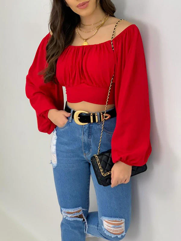 Long Sleeves Loose Elasticity Pleated Solid Color Off-The-Shoulder Blouses - Image 13