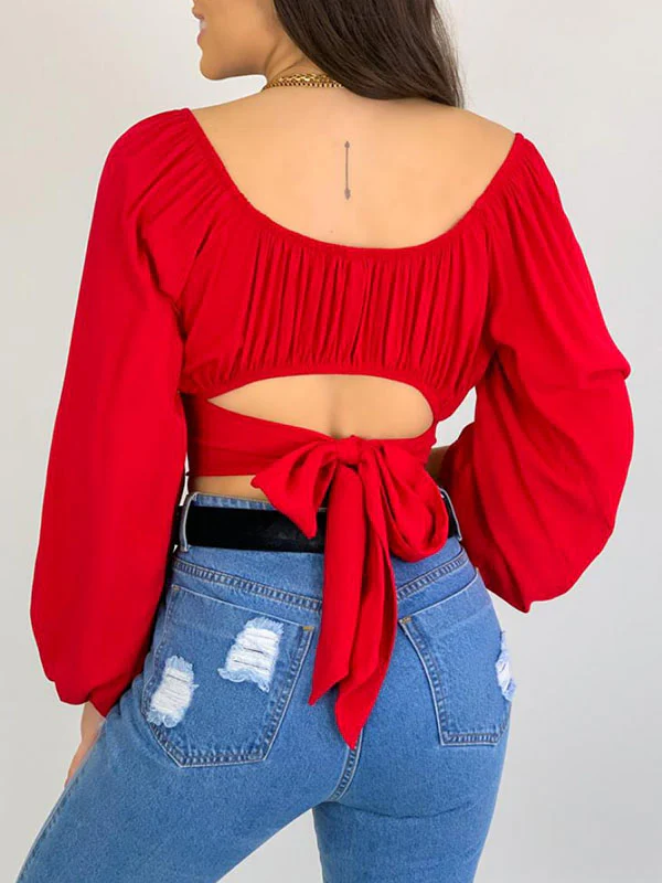 Long Sleeves Loose Elasticity Pleated Solid Color Off-The-Shoulder Blouses - Image 14