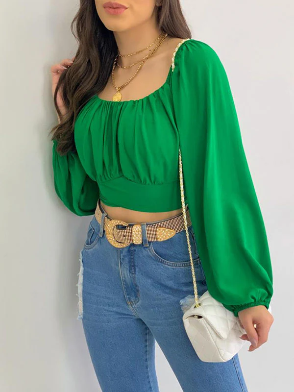 Long Sleeves Loose Elasticity Pleated Solid Color Off-The-Shoulder Blouses - Image 16