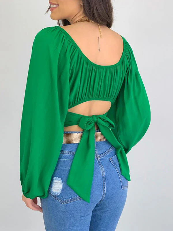 Long Sleeves Loose Elasticity Pleated Solid Color Off-The-Shoulder Blouses - Image 17