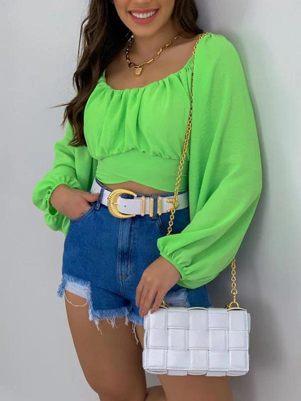 Long Sleeves Loose Elasticity Pleated Solid Color Off-The-Shoulder Blouses - Image 18