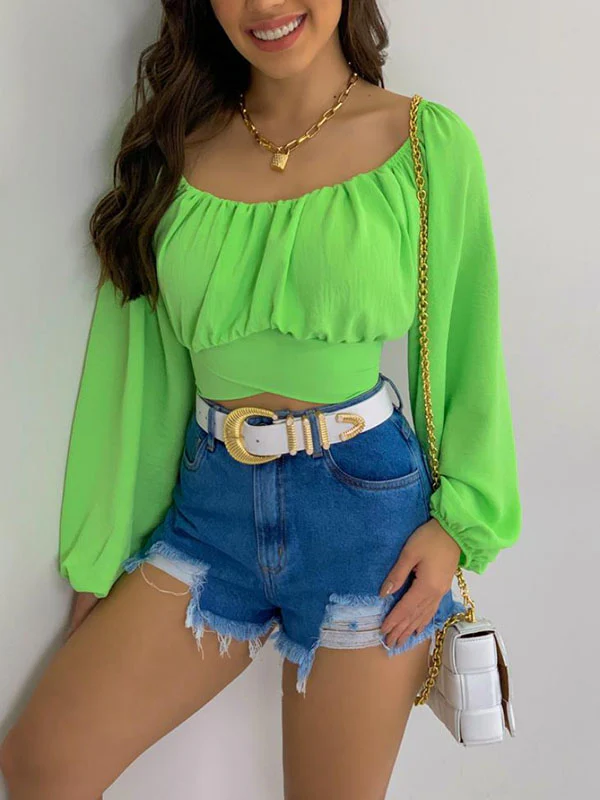 Long Sleeves Loose Elasticity Pleated Solid Color Off-The-Shoulder Blouses - Image 19