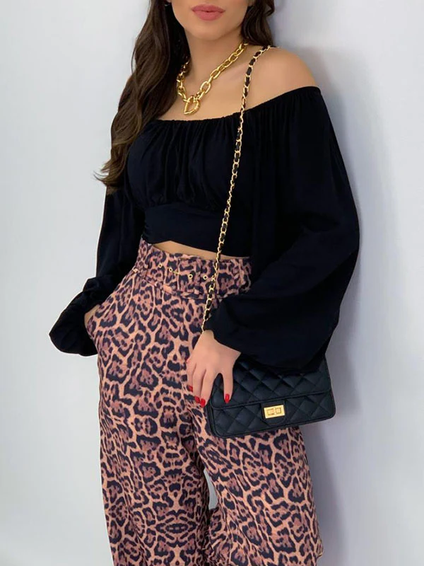 Long Sleeves Loose Elasticity Pleated Solid Color Off-The-Shoulder Blouses - Image 2