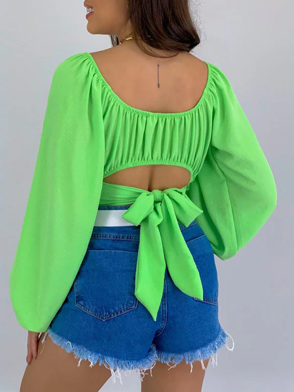 Long Sleeves Loose Elasticity Pleated Solid Color Off-The-Shoulder Blouses - Image 20