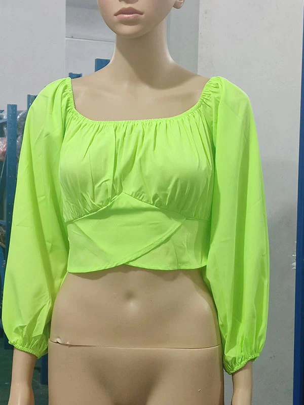 Long Sleeves Loose Elasticity Pleated Solid Color Off-The-Shoulder Blouses - Image 21