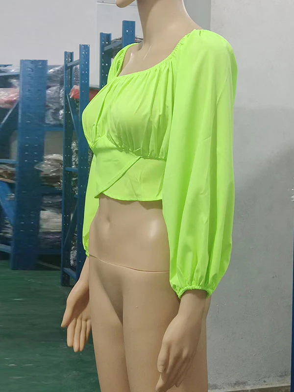 Long Sleeves Loose Elasticity Pleated Solid Color Off-The-Shoulder Blouses - Image 22