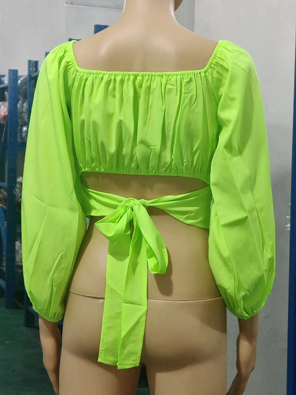 Long Sleeves Loose Elasticity Pleated Solid Color Off-The-Shoulder Blouses - Image 23