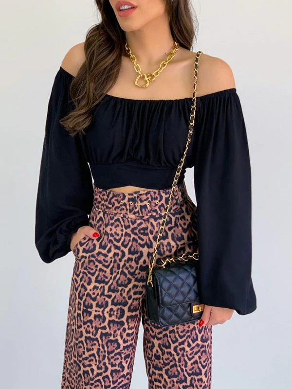 Long Sleeves Loose Elasticity Pleated Solid Color Off-The-Shoulder Blouses - Image 3