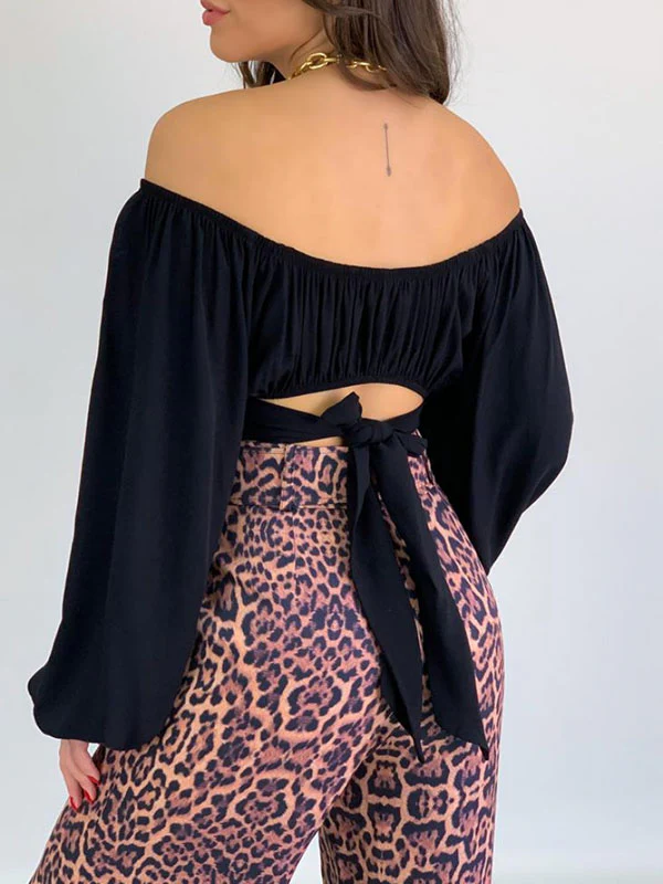 Long Sleeves Loose Elasticity Pleated Solid Color Off-The-Shoulder Blouses - Image 4