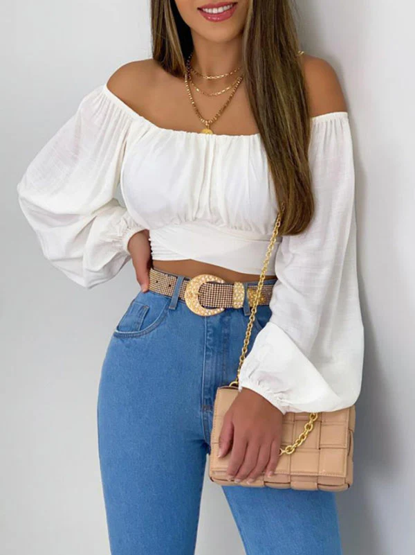 Long Sleeves Loose Elasticity Pleated Solid Color Off-The-Shoulder Blouses - Image 5
