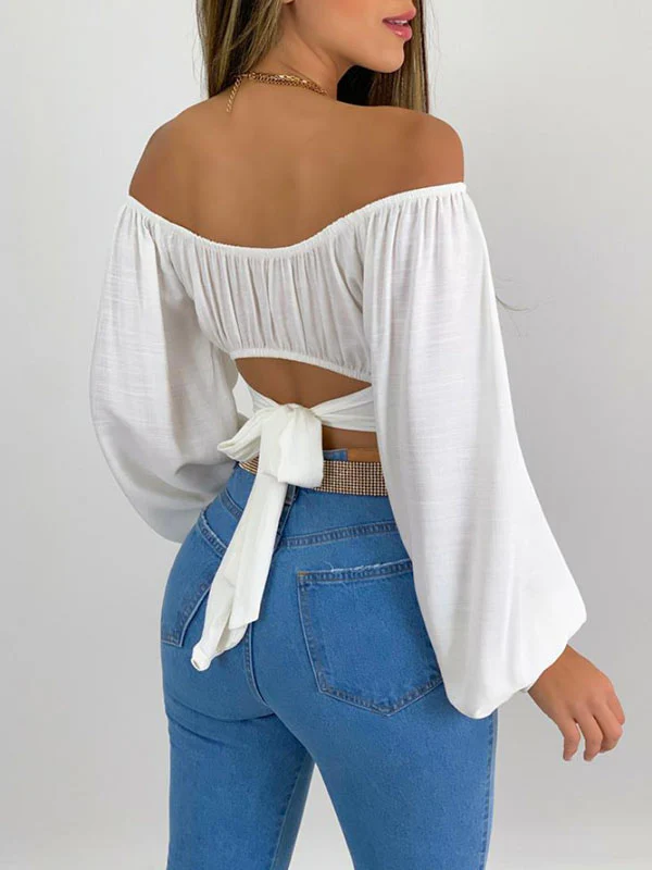 Long Sleeves Loose Elasticity Pleated Solid Color Off-The-Shoulder Blouses - Image 6