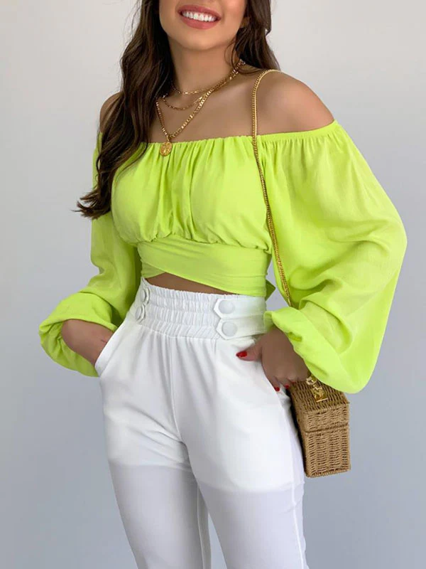 Long Sleeves Loose Elasticity Pleated Solid Color Off-The-Shoulder Blouses - Image 7