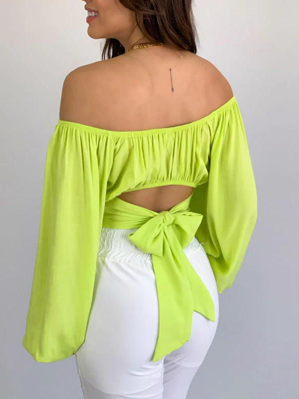 Long Sleeves Loose Elasticity Pleated Solid Color Off-The-Shoulder Blouses - Image 8