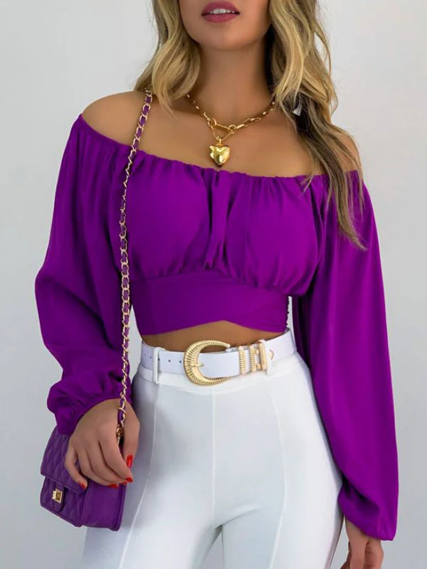 Long Sleeves Loose Elasticity Pleated Solid Color Off-The-Shoulder Blouses - Image 9