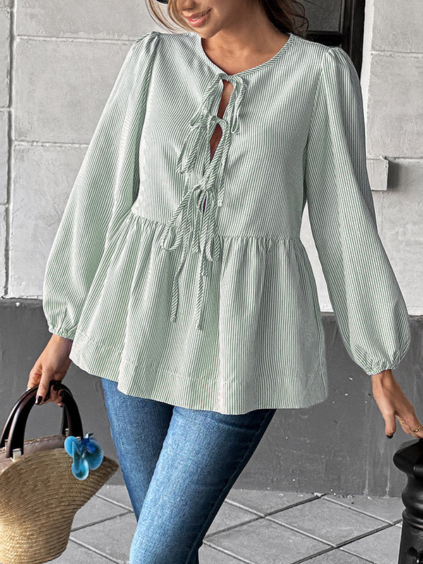 Long Sleeves Loose Elasticity Pleated Striped Tied Round-Neck Blouses&Shirts Tops - Image 10