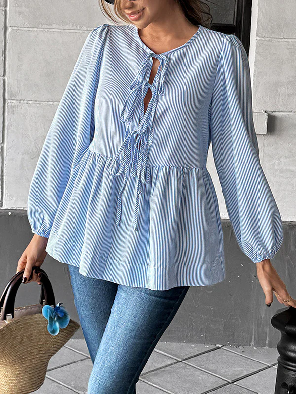 Long Sleeves Loose Elasticity Pleated Striped Tied Round-Neck Blouses&Shirts Tops - Image 2
