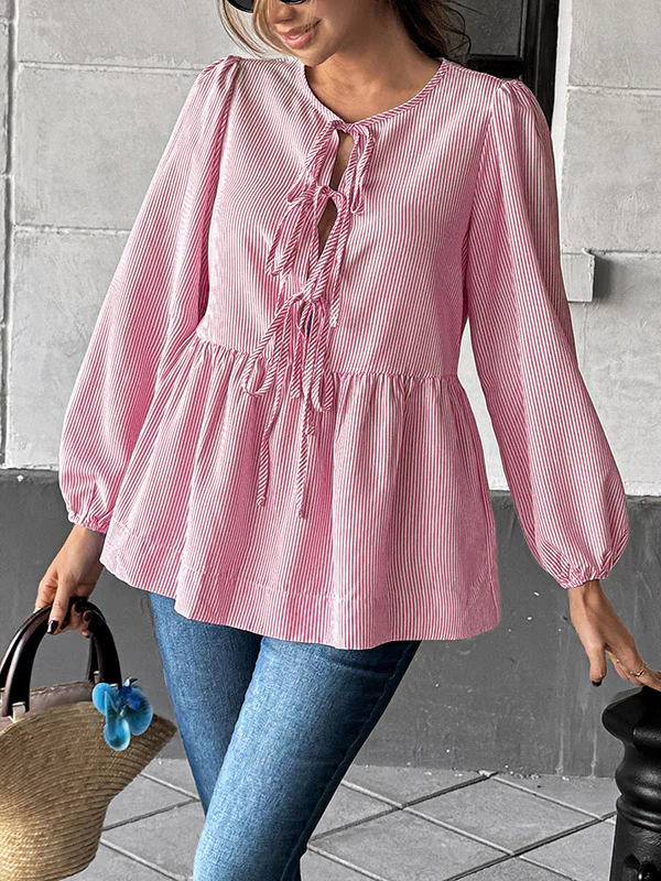 Long Sleeves Loose Elasticity Pleated Striped Tied Round-Neck Blouses&Shirts Tops - Image 3