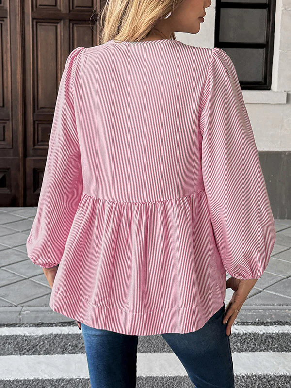 Long Sleeves Loose Elasticity Pleated Striped Tied Round-Neck Blouses&Shirts Tops - Image 5