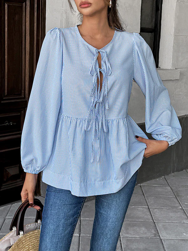 Long Sleeves Loose Elasticity Pleated Striped Tied Round-Neck Blouses&Shirts Tops - Image 6