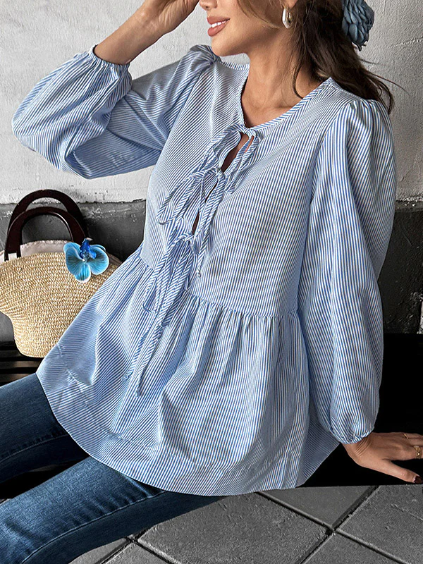 Long Sleeves Loose Elasticity Pleated Striped Tied Round-Neck Blouses&Shirts Tops - Image 7