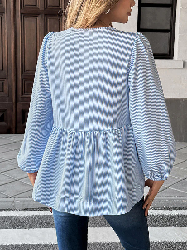 Long Sleeves Loose Elasticity Pleated Striped Tied Round-Neck Blouses&Shirts Tops - Image 8