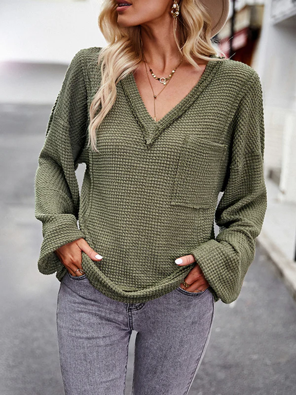 Long Sleeves Loose Elasticity Pockets Solid Color Split-Joint V-Neck T-Shirts Tops - Image 10