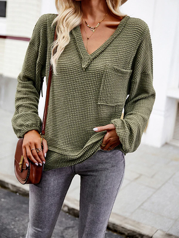 Long Sleeves Loose Elasticity Pockets Solid Color Split-Joint V-Neck T-Shirts Tops - Image 11