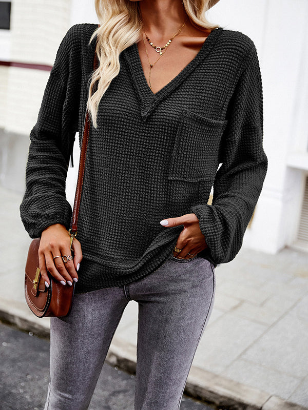 Long Sleeves Loose Elasticity Pockets Solid Color Split-Joint V-Neck T-Shirts Tops - Image 16