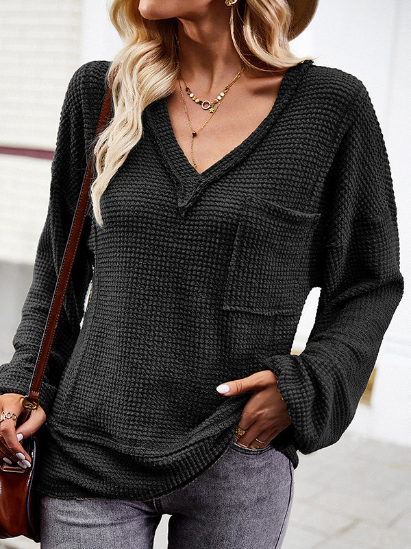 Long Sleeves Loose Elasticity Pockets Solid Color Split-Joint V-Neck T-Shirts Tops - Image 2