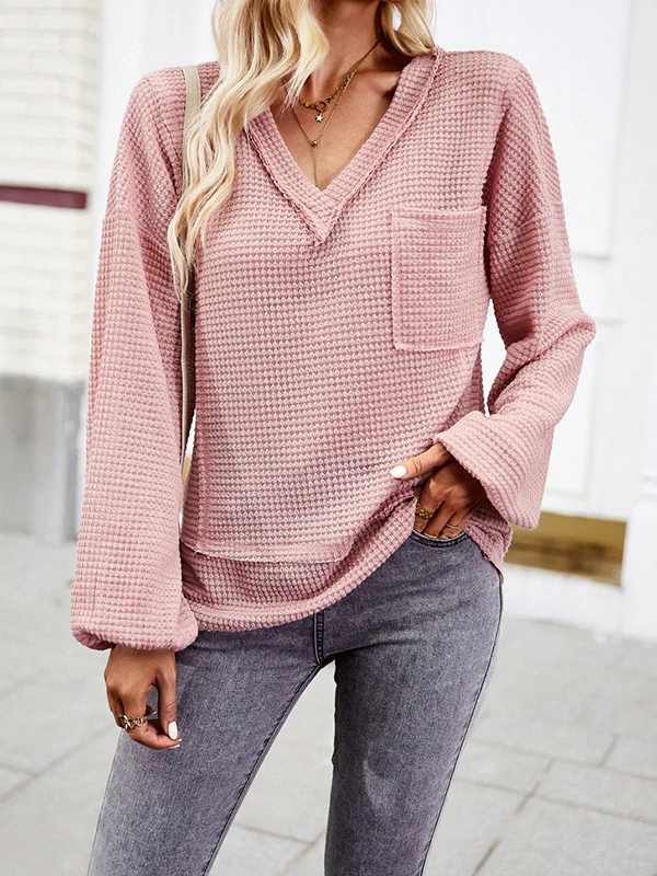 Long Sleeves Loose Elasticity Pockets Solid Color Split-Joint V-Neck T-Shirts Tops - Image 6