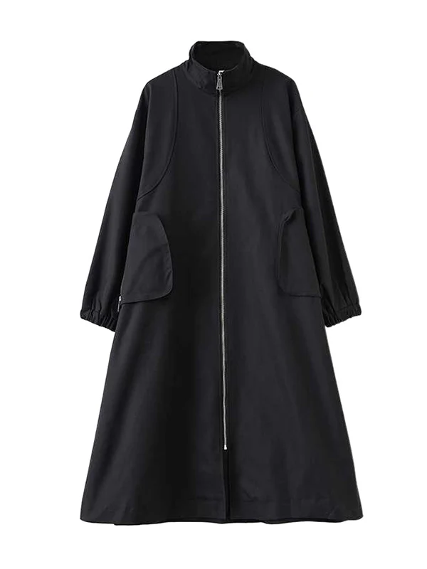 Long Sleeves Loose Elasticity Pockets Split-Joint Zipper High Neck Outerwear Trench Coats - Image 11