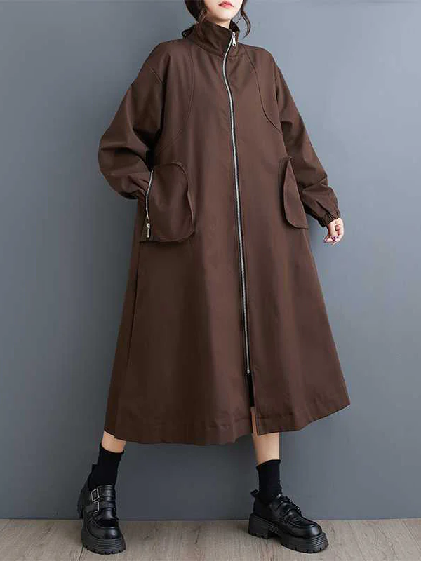 Long Sleeves Loose Elasticity Pockets Split-Joint Zipper High Neck Outerwear Trench Coats - Image 2