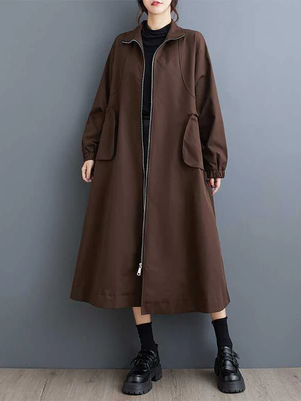 Long Sleeves Loose Elasticity Pockets Split-Joint Zipper High Neck Outerwear Trench Coats - Image 3