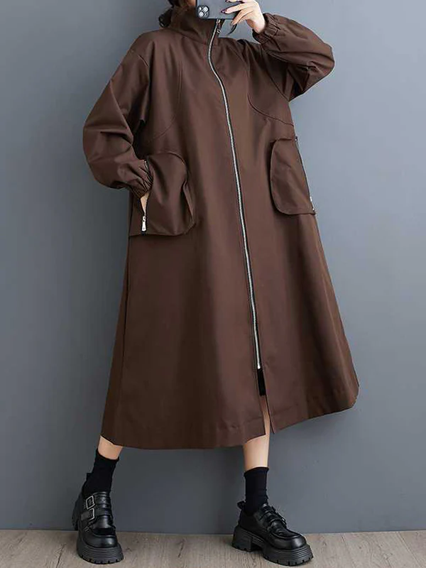 Long Sleeves Loose Elasticity Pockets Split-Joint Zipper High Neck Outerwear Trench Coats - Image 4