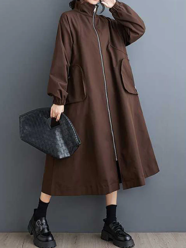 Long Sleeves Loose Elasticity Pockets Split-Joint Zipper High Neck Outerwear Trench Coats - Image 5