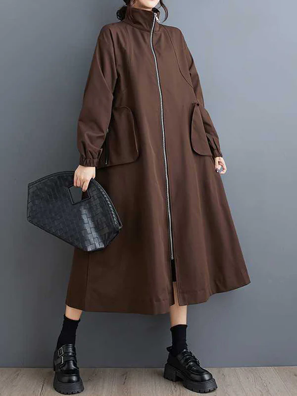 Long Sleeves Loose Elasticity Pockets Split-Joint Zipper High Neck Outerwear Trench Coats - Image 6