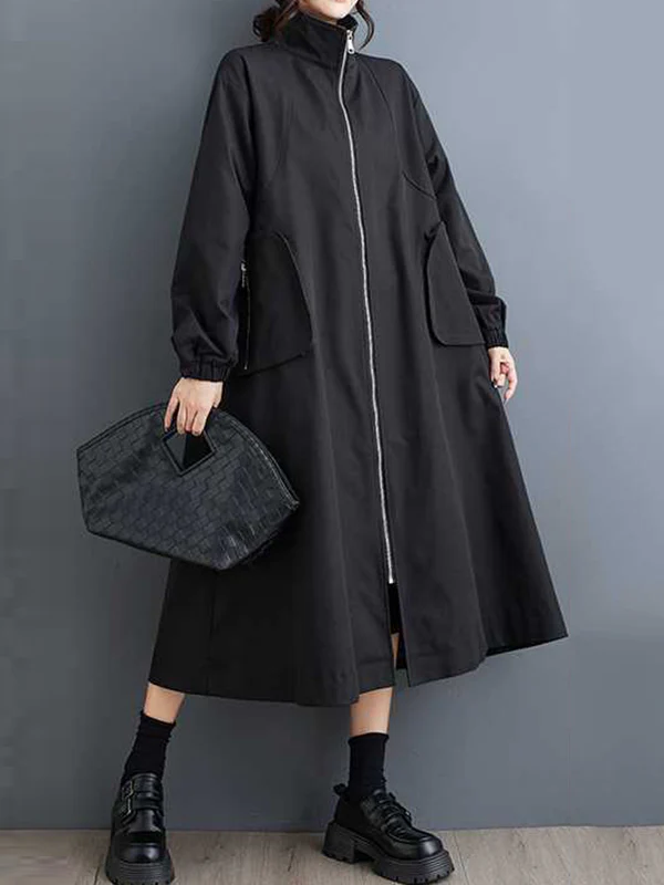 Long Sleeves Loose Elasticity Pockets Split-Joint Zipper High Neck Outerwear Trench Coats - Image 7