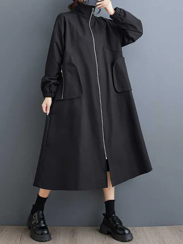 Long Sleeves Loose Elasticity Pockets Split-Joint Zipper High Neck Outerwear Trench Coats - Image 8