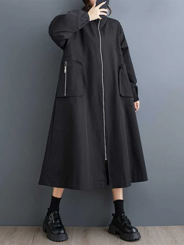 Long Sleeves Loose Elasticity Pockets Split-Joint Zipper High Neck Outerwear Trench Coats - Image 9