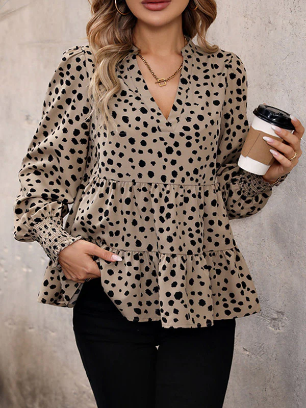 Long Sleeves Loose Elasticity Polka-Dot Split-Joint V-Neck Blouses&Shirts Tops - Image 10