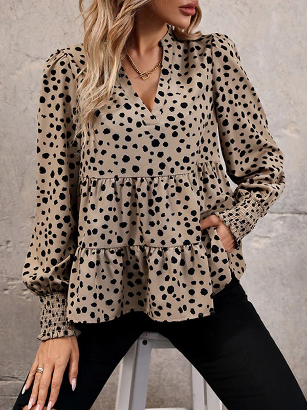 Long Sleeves Loose Elasticity Polka-Dot Split-Joint V-Neck Blouses&Shirts Tops - Image 12