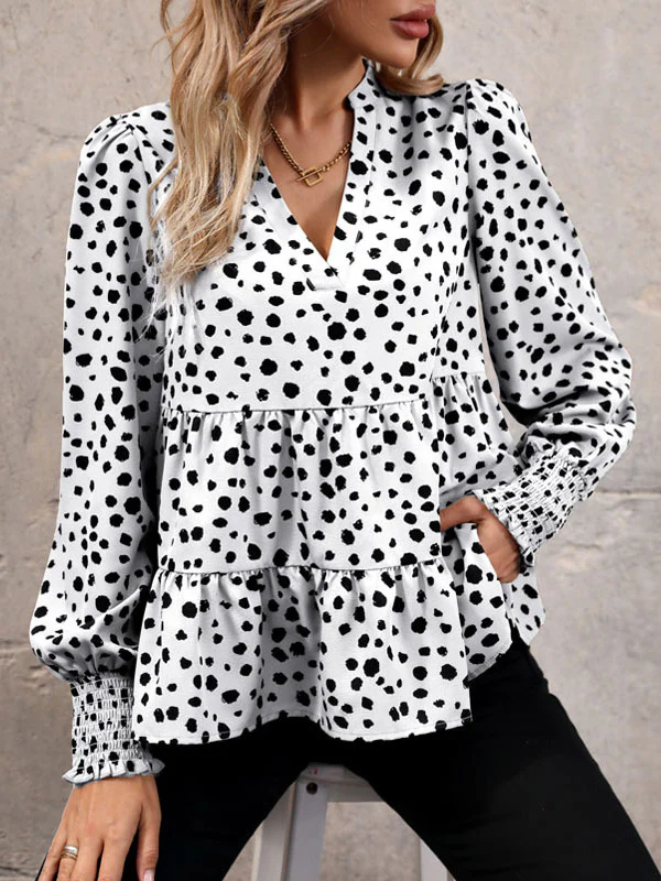 Long Sleeves Loose Elasticity Polka-Dot Split-Joint V-Neck Blouses&Shirts Tops - Image 14