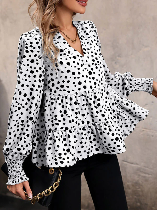 Long Sleeves Loose Elasticity Polka-Dot Split-Joint V-Neck Blouses&Shirts Tops - Image 15