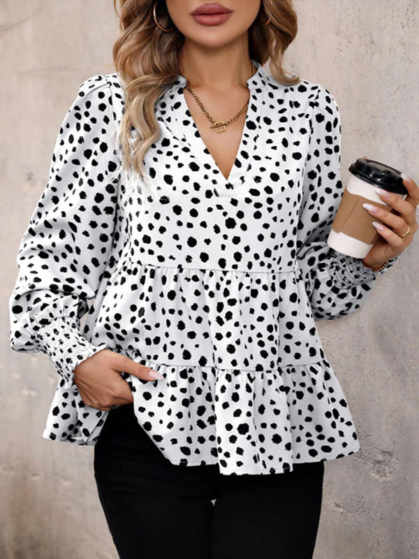 Long Sleeves Loose Elasticity Polka-Dot Split-Joint V-Neck Blouses&Shirts Tops - Image 16