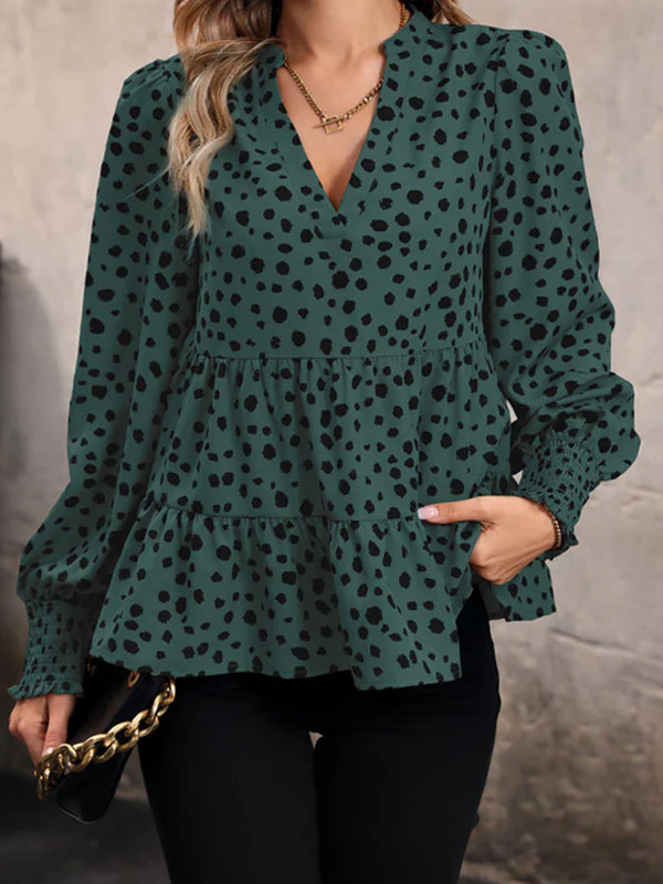 Long Sleeves Loose Elasticity Polka-Dot Split-Joint V-Neck Blouses&Shirts Tops - Image 17