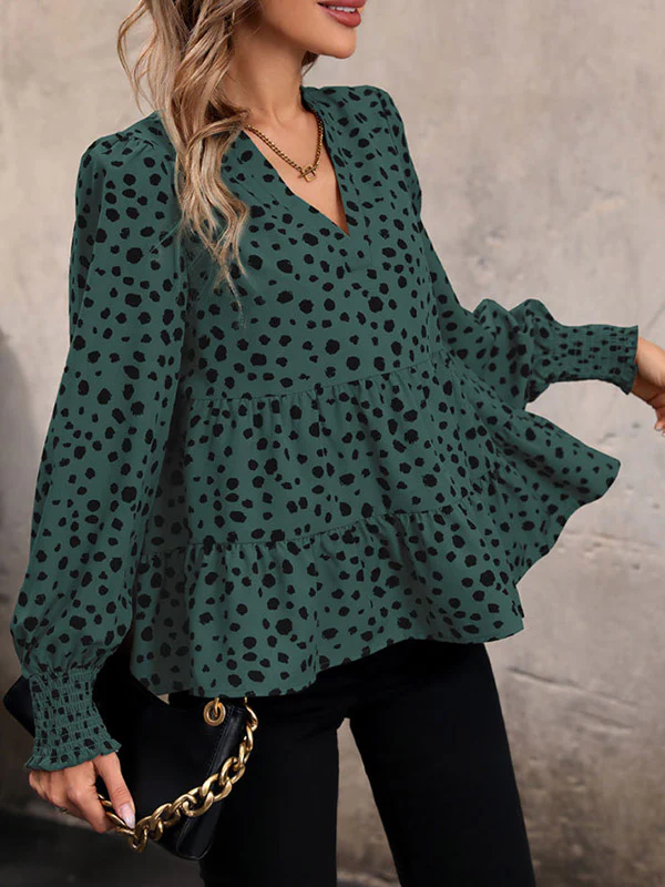Long Sleeves Loose Elasticity Polka-Dot Split-Joint V-Neck Blouses&Shirts Tops - Image 19