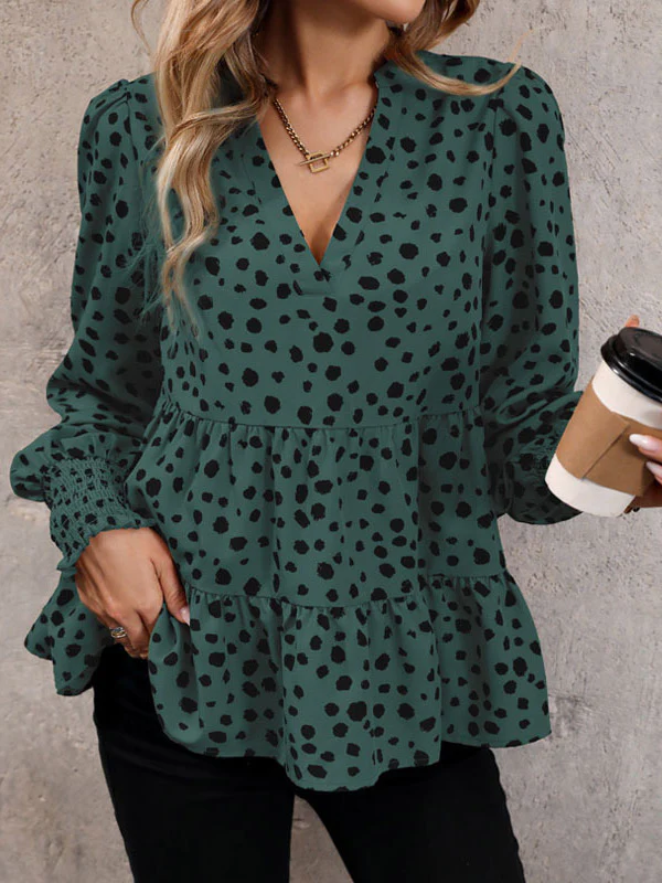 Long Sleeves Loose Elasticity Polka-Dot Split-Joint V-Neck Blouses&Shirts Tops - Image 2